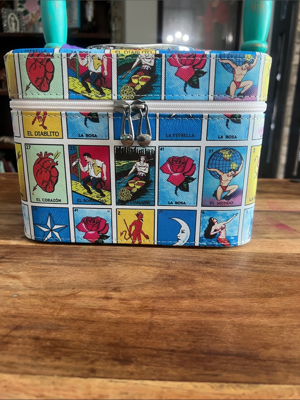 Makeup Organizer Case with Lotería Print in Blue
